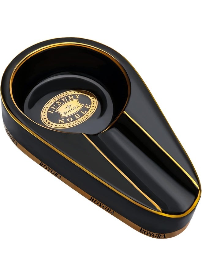 roygra Cigar Ashtray, Handmade Gilt Ceramic Cigar Ash Tray, Outdoor Indoor Portable Accessories (Black) - Image 1
